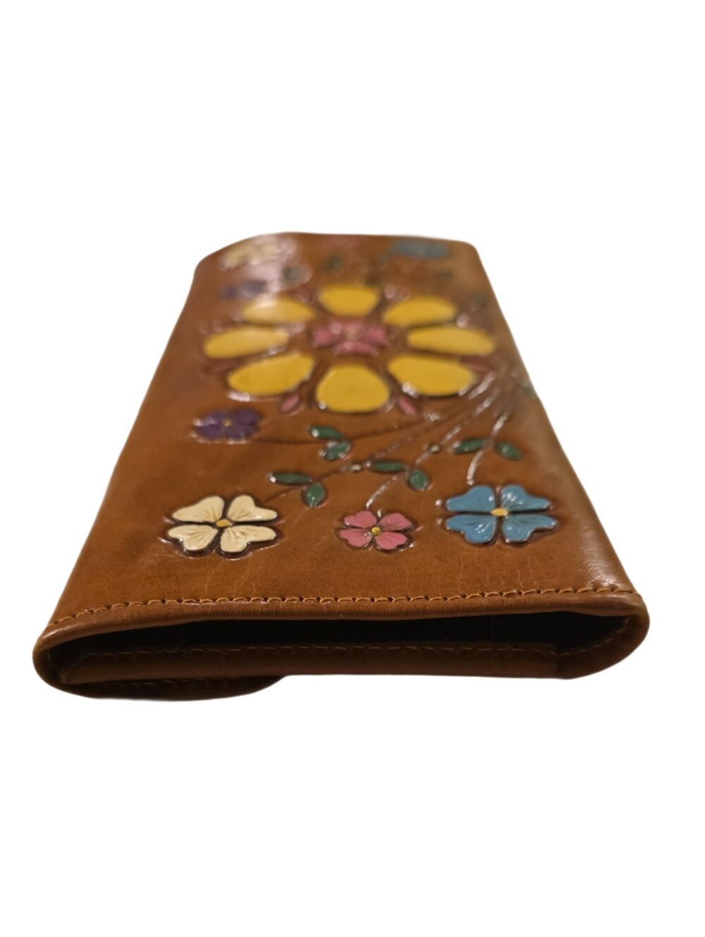 Vintage Brown Leather Wallet with Multicolor Floral Appliqué - Picture 4 of 14